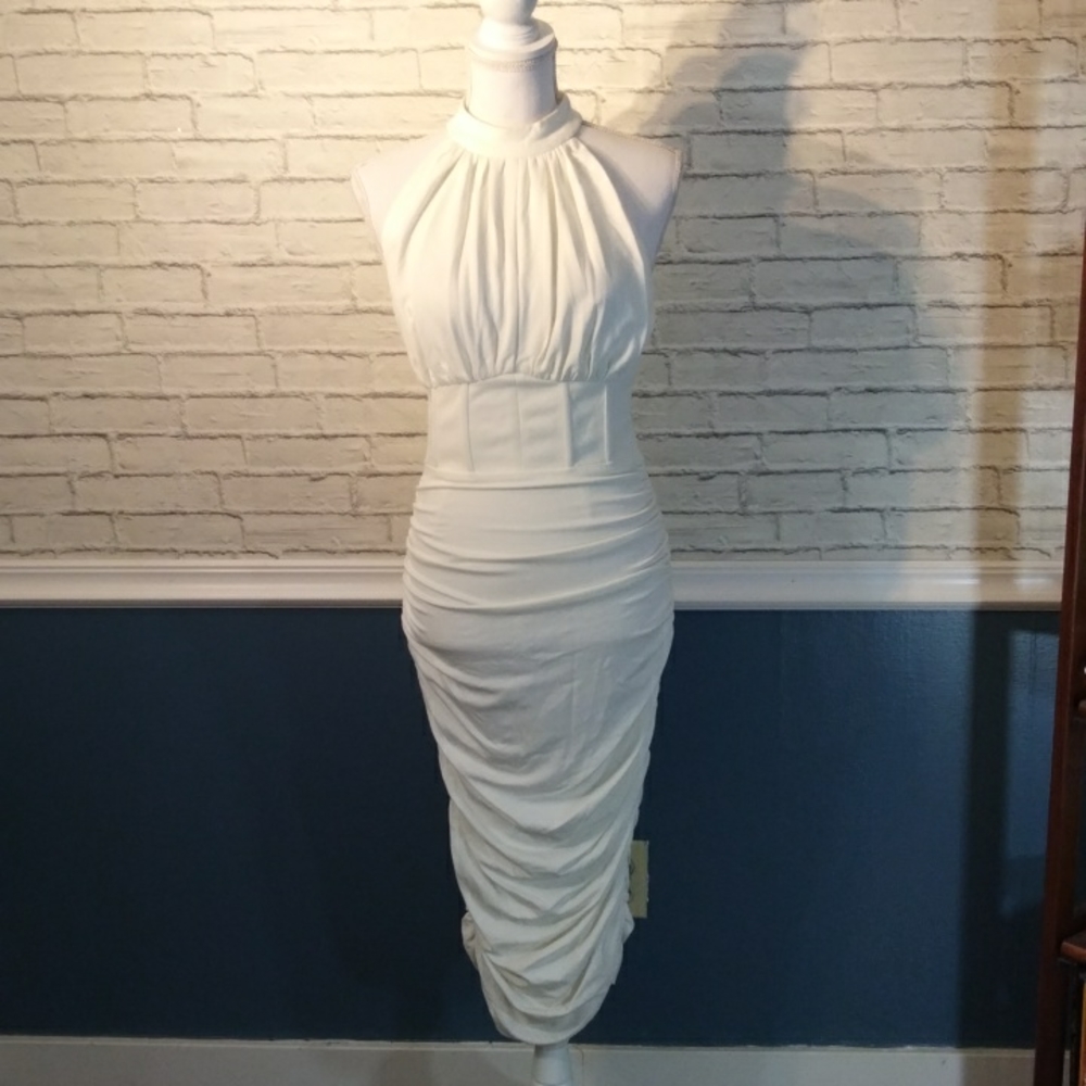 Lavish Alice High Neck Gathered &  Ruched Corset Bodycon Midi Dress